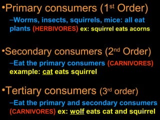 •Tertiary consumers (3rd
order)
–Eat the primary and secondary consumers
(CARNIVORES) ex: wolf eats cat and squirrel
•Secondary consumers (2nd
Order)
–Eat the primary consumers (CARNIVORES)
example: cat eats squirrel
•Primary consumers (1st
Order)
–Worms, insects, squirrels, mice: all eat
plants (HERBIVORES) ex: squirrel eats acorns
 