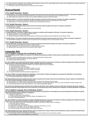 (E) solve for products of decimals to the hundredths, including situations involving money, using strategies based on place-value understandings, properties of operations,
and the relationship to the multiplication of whole numbers;
(L) divide whole numbers by unit fractions and unit fractions by whole numbers.
Science/Health
115.4. Health Education, Grade 2
(1) Health behaviors. The student understands that personal health decisions and behaviors affect health throughout the life span. The student is expected to:
(C) identify food groups and describe the effects of eating too much sugar and fat such as knowing that sugar causes dental cavities;
(D) identify healthy and unhealthy food choices such as a healthy breakfast and snacks and fast food choices;
(4) Health information. The student understands the difference between sickness and health in persons of all ages. The student is expected to:
(A) explain ways in which germs are transmitted, methods of preventing the spread of germs, and the importance of immunization;
(D) apply practices to control spread of germs in daily life such as hand washing and skin care.
115.5. Health Education, Grade 3
(1) Health behaviors. The student explains ways to enhance and maintain health throughout the life span. The student is expected to:
(C) identify types of nutrients;
(D) describe food combinations in a balanced diet such as a food pyramid;
115.6. Health Education, Grade 4
(1) Health information. The student recognizes ways to enhance and maintain health throughout the life span. The student is expected to:
(A) identify the benefits of six major nutrients contained in foods;
(B) identify information on menus and food labels;
(F) identify the importance of taking personal responsibility for developing and maintaining a personal health plan such as fitness, nutrition
(5) Health behavior. The student comprehends and practices behaviors that prevent disease and speed recovery from illness. The student is expected to:
(B) identify different pathogens and explain how the body protects itself from pathogens such as viruses, bacteria, and fungi;
115.7. Health Education, Grade 5
(1) Health information. The student knows ways to enhance and maintain personal health throughout the life span. The student is expected to:
(A) examine and analyze food labels and menus for nutritional content;
(B) apply information from the food guide pyramid to making healthy food choices;
(C) identify foods that are sources of one or more of the six major nutrients;
Language Arts
110.13. English Language Arts and Reading, Grade 2
(17) Writing/Writing Process. Students use elements of the writing process (planning, drafting, revising, editing, and publishing) to compose text. Students are
expected to:
(A) plan a first draft by generating ideas for writing (e.g., drawing, sharing ideas, listing key ideas);
(B) develop drafts by sequencing ideas through writing sentences;
(E) publish and share writing with others.
(21) Oral and Written Conventions/Conventions. Students understand the function of and use the conventions of academic language when speaking and writing.
Students continue to apply earlier standards with greater complexity. Students are expected to:
(A) understand and use the following parts of speech in the context of reading, writing, and speaking:
(i) verbs (past, present, and future);
(ii) nouns (singular/plural, common/proper);
(iii) adjectives (e.g., descriptive: old, wonderful; articles: a, an, the);
(iv) adverbs (e.g., time: before, next; manner: carefully, beautifully);
(vii) time-order transition words;
(B) use complete sentences with correct subject-verb agreement; and
(22) Oral and Written Conventions/Handwriting, Capitalization, and Punctuation. Students write legibly and use appropriate capitalization and punctuation
conventions in their compositions. Students are expected to:
(A) write legibly leaving appropriate margins for readability;
(25) Research/Gathering Sources. Students determine, locate, and explore the full range of relevant sources addressing a research question and systematically
record the information they gather. Students are expected to:
(A) gather evidence from available sources (natural and personal) as well as from interviews with local experts;
(B) use text features (e.g., table of contents, alphabetized index, headings) in age-appropriate reference works (e.g., picture dictionaries) to locate information; and
(C) record basic information in simple visual formats (e.g., notes, charts, picture graphs, diagrams).
(30) Listening and Speaking/Teamwork. Students work productively with others in teams. Students continue to apply earlier standards with greater complexity.
Students are expected to follow agreed-upon rules for discussion, including listening to others, speaking when recognized, and making appropriate contributions.
110.14. English Language Arts and Reading, Grade 3
(20) Writing/Expository and Procedural Texts. Students write expository and procedural or work-related texts to communicate ideas and information to specific
audiences for specific purposes. Students are expected to:
(A) create brief compositions that:
(i) establish a central idea in a topic sentence;
(ii) include supporting sentences with simple facts, details, and explanations; and
(iii) contain a concluding statement;
(22) Oral and Written Conventions/Conventions. Students understand the function of and use the conventions of academic language when speaking and writing.
Students continue to apply earlier standards with greater complexity. Students are expected to:
(A) use and understand the function of the following parts of speech in the context of reading, writing, and speaking:
(i) verbs (past, present, and future);
(ii) nouns (singular/plural, common/proper);
(iii) adjectives (e.g., descriptive: wooden, rectangular; limiting: this, that; articles: a, an, the);
(iv) adverbs (e.g., time: before, next; manner: carefully, beautifully);
(viii) time-order transition words and transitions that indicate a conclusion;
(26) Research/Gathering Sources. Students determine, locate, and explore the full range of relevant sources addressing a research question and systematically
record the information they gather. Students are expected to:
(A) follow the research plan to collect information from multiple sources of information, both oral and written, including:
(i) student-initiated surveys, on-site inspections, and interviews;
 