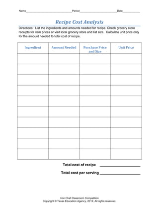 Name________________________________Period__________________________Date____________
Iron Chef Classroom Competition
Copyright © Texas Education Agency, 2012. All rights reserved.
Recipe Cost Analysis
Directions: List the ingredients and amounts needed for recipe. Check grocery store
receipts for item prices or visit local grocery store and list size. Calculate unit price only
for the amount needed to total cost of recipe.
Ingredient Amount Needed Purchase Price
and Size
Unit Price
Total cost of recipe ____________________
Total cost per serving ____________________
 