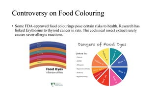 Controversy on Food Colouring
• Some FDA-approved food colourings pose certain risks to health. Research has
linked Erythosine to thyroid cancer in rats. The cochineal insect extract rarely
causes sever allergic reactions.
 