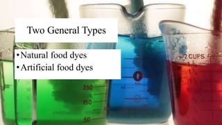 Two General Types
•Natural food dyes
•Artificial food dyes
 