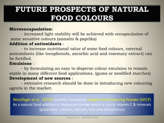 FUTURE PROSPECTS OF NATURAL
FOOD COLOURS
Microencapsulation:
- increased light stability will be achieved with encapsulation of
some sensitive colours (annatto & paprika)
Addition of antioxidants :
- to increase nutritional value of some food colours, external
antioxidants (like tocophenols, ascorbic acid and rosemary extract) can
be fortified.
Emulsions :
- by formulating an easy to disperse colour emulsion to remain
stable in many different food applications. (gums or modified starches)
Development of new sources :
- extensive research should be done in introducing new colouring
agents in the market.
Moshfeghi et al,. (2013) recently introduced Dragon Fruit Colouring Powder (DFCP)
As a natural food additive in Malaysian market which is rich in vitamin C & minerals
(potassium, sodium, calcium, iron and phosphorus)
32Prepared by : SAGARIKA DAS
 