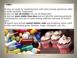 • Lakes –
 they are made by combining dyes with salts (usually aluminum salts)
to make insoluble compounds.
 they are not oil-soluble, but are oil-dispersible.
 they are more stable than dyes and are ideal for colouring products
containing fats and oils or items lacking sufficient moisture to dissolve
dyes.
 typical uses include coated tablets, cake and doughnut mixes, hard
candies and chewing gums, lipsticks, soaps, shampoos, talc, etc .
35Prepared by : SAGARIKA DAS
 