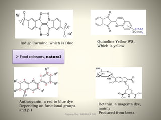 Indigo Carmine, which is Blue Quinoline Yellow WS,
Which is yellow
 Food colorants, natural
 Food colorants, natural
Anthocyanin, a red to blue dye
Depending on functional groups
and pH
Betanin, a magenta dye,
mainly
Produced from beets 8Prepared by : SAGARIKA DAS
 