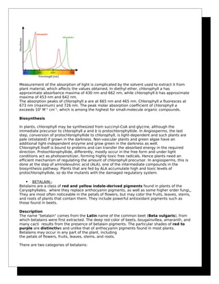 Measurement of the absorption of light is complicated by the solvent used to extract it from
plant material, which affects the values obtained, In diethyl ether, chlorophyll a has
approximate absorbance maxima of 430 nm and 662 nm, while chlorophyll b has approximate
maxima of 453 nm and 642 nm.
The absorption peaks of chlorophyll a are at 665 nm and 465 nm. Chlorophyll a fluoresces at
673 nm (maximum) and 726 nm. The peak molar absorption coefficient of chlorophyll a
exceeds 105
M−1
cm−1
, which is among the highest for small-molecule organic compounds.
Biosynthesis
In plants, chlorophyll may be synthesized from succinyl-CoA and glycine, although the
immediate precursor to chlorophyll a and b is protochlorophyllide. In Angiosperms, the last
step, conversion of protochlorophyllide to chlorophyll, is light-dependent and such plants are
pale (etiolated) if grown in the darkness. Non-vascular plants and green algae have an
additional light-independent enzyme and grow green in the darkness as well.
Chlorophyll itself is bound to proteins and can transfer the absorbed energy in the required
direction. Protochlorophyllide, differently, mostly occur in the free form and under light
conditions act as photosensitizer, forming highly toxic free radicals. Hence plants need an
efficient mechanism of regulating the amount of chlorophyll precursor. In angiosperms, this is
done at the step of aminolevulinic acid (ALA), one of the intermediate compounds in the
biosynthesis pathway. Plants that are fed by ALA accumulate high and toxic levels of
protochlorophyllide, so do the mutants with the damaged regulatory system.
 BETALAIN:-
Betalains are a class of red and yellow indole-derived pigments found in plants of the
Caryophyllales, where they replace anthocyanin pigments, as well as some higher order fungi.
They are most often noticeable in the petals of flowers, but may color the fruits, leaves, stems,
and roots of plants that contain them. They include powerful antioxidant pigments such as
those found in beets.
Description
The name "betalain" comes from the Latin name of the common beet (Beta vulgaris), from
which betalains were first extracted. The deep red color of beets, bougainvillea, amaranth, and
many cacti results from the presence of betalain pigments. The particular shades of red to
purple are distinctive and unlike that of anthocyanin pigments found in most plants.
Betalains may occur in any part of the plant, including
the petals of flowers, fruits, leaves, stems, and roots.
There are two categories of betalains:
 