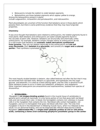 Betacyanins include the reddish to violet betalain pigments.
 Betaxanthins are those betalain pigments which appear yellow to orange.
Among the betaxanthins present in plants
include vulgaxanthin, miraxanthin and portulaxanthin, and indicaxanthin.
Plant physiologists are uncertain of the function that betalains serve in those plants which
possess them, but there is some preliminary evidence that they may have fungicidal
properties.
Chemistry
It was once thought that betalains were related to anthocyanins, the reddish pigments found in
most plants. Both betalains and anthocyanins are water-soluble pigments found in
the vacuoles of plant cells. However, betalains are structurally and chemically unlike
anthocyanins. For example, betalains contain nitrogen where as anthocyanins do not.
It is now known that betalains are aromatic indole derivatives synthesized
from tyrosine. They are not related chemically to the anthocyanins and are not
even flavonoids. Each betalain is a glycoside, and consists of a sugar and a colored
portion. Their synthesis is promoted by light.
The most heavily studied betalain is betanin, also called beetroot red after the fact that it may
be extracted from red beet roots. Betanin is a glucoside, and hydrolyzes into the sugar
glucose and betanidin. It is used as a food coloring agent, and the color is sensitive to pH.
Other betalains known to occur in beets are isobetanin, probetanin, and neobetanin.
Other important betacyanins are amaranthine and isoamaranthine, isolated from species of
Amaranthus.
 MYOGLOBIN:-
Myoglobin is an oxygen-binding protein found in the muscle tissue of vertebrates in
general and in almost all mammals. It is the heme portion of iron that gives both red blood
cells and red muscle their color. In blood, the hemoglobin contains iron, whereas in muscle
cells it is the myoglobin that contains the iron. Red blood cells contain hemoglobin, not
myoglobin, and so it is hemoglobin that gives red blood cells their color. The only time
myoglobin is found in the bloodstream is following muscle injury, when it is released as the
result. It is an abnormal finding, and can be diagnostically relevant when found in blood.
Myoglobin (abbreviated Mb) is a single-chain globular protein of 153 or 154 amino
acids, containing a heme (iron-containing porphyrin) prosthetic group in the center
 