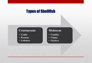 Crustaceans
• Crabs
• Prawns
• Lobsters
Moluscas
• Cockles
• Clams
• Oysters
Types of Shellfish
Delhindra /chefqtrainer.blogspot.com
 