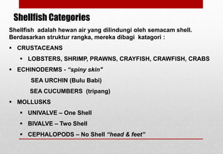 Shellfish adalah hewan air yang dilindungi oleh semacam shell.
Berdasarkan struktur rangka, mereka dibagi katagori :
 CRUSTACEANS
 LOBSTERS, SHRIMP, PRAWNS, CRAYFISH, CRAWFISH, CRABS
 ECHINODERMS - “spiny skin"
SEA URCHIN (Bulu Babi)
SEA CUCUMBERS (tripang)
 MOLLUSKS
 UNIVALVE – One Shell
 BIVALVE – Two Shell
 CEPHALOPODS – No Shell “head & feet”
Shellfish Categories
Delhindra /chefqtrainer.blogspot.com
 