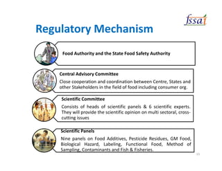 Central Advisory Committee
Close cooperation and coordination between Centre, States and
other Stakeholders in the field of food including consumer org.
Scientific Committee
Consists of heads of scientific panels & 6 scientific experts.
They will provide the scientific opinion on multi sectoral, cross-
cutting issues
Scientific Panels
Nine panels on Food Additives, Pesticide Residues, GM Food,
Biological Hazard, Labeling, Functional Food, Method of
Sampling, Contaminants and Fish & Fisheries.
Food Authority and the State Food Safety Authority
Regulatory Mechanism
15
 