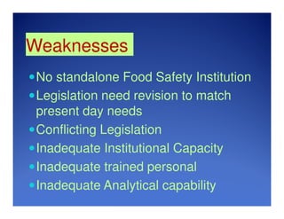 Weaknesses
No standalone Food Safety Institution
Legislation need revision to match
present day needs
Conflicting Legislation
Inadequate Institutional Capacity
Inadequate trained personal
Inadequate Analytical capability
 