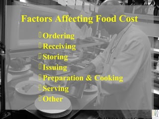 Factors Affecting Food Cost
Ordering
Receiving
Storing
Issuing
Preparation & Cooking
Serving
Other
 