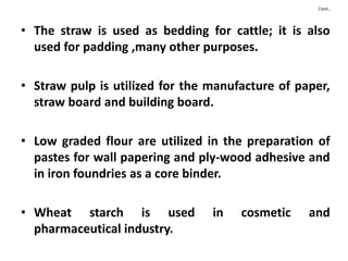 Cont…
• The straw is used as bedding for cattle; it is also
used for padding ,many other purposes.
• Straw pulp is utilized for the manufacture of paper,
straw board and building board.
• Low graded flour are utilized in the preparation of
pastes for wall papering and ply-wood adhesive and
in iron foundries as a core binder.
• Wheat starch is used in cosmetic and
pharmaceutical industry.
 