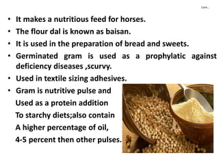 Cont…
• It makes a nutritious feed for horses.
• The flour dal is known as baisan.
• It is used in the preparation of bread and sweets.
• Germinated gram is used as a prophylatic against
deficiency diseases ,scurvy.
• Used in textile sizing adhesives.
• Gram is nutritive pulse and
Used as a protein addition
To starchy diets;also contain
A higher percentage of oil,
4-5 percent then other pulses.
 