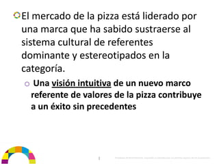 El mercado de la pizza está liderado por 
una marca que ha sabido sustraerse al 
sistema cultural de referentes  
dominante y estereotipados en la 
categoría.
o Una visión intuitiva de un nuevo marco 
 referente de valores de la pizza contribuye 
 a un éxito sin precedentes




                  |   Propiedad de BrainVentures. Imposible su reproducción sin permiso expreso de los propietarios 
 