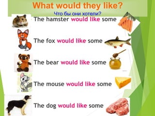  The hamster would like some
 The fox would like some
 The bear would like some
 The mouse would like some
 The dog would like some
What would they like?
Что бы они хотели?
 