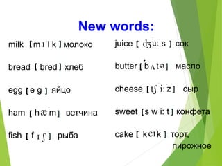 New words:
milk m l k молоко
bread bred хлеб
egg e g яйцо
ham h m ветчина
fish f рыба
juice s сок
butter b t масло
cheese z сыр
sweet s w i: t конфета
cake k k торт,
пирожное
[ ]
[ ]
[
[
[
[
[
[
[
[
]
]
]
]
]
]
]
]
´
 