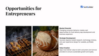 Opportunities for
Entrepreneurs​
Market Potential​
Changing consumer behavior creates vast
opportunities for food delivery app development and
business expansion.​
Strategic Development​
Success requires market research, technology choices,
and user experience design for scalable, profitable
apps.​
Value Creation​
Apps must deliver value to both consumers and service
providers to ensure sustainable growth and loyalty.​
 