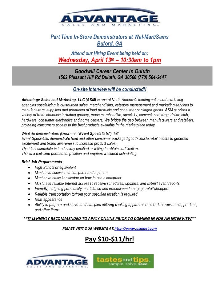 Buford, GA Part Time InStore Demonstrators at Walmart/Sams