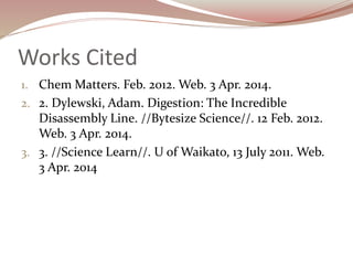 Works Cited
1. Chem Matters. Feb. 2012. Web. 3 Apr. 2014.
2. 2. Dylewski, Adam. Digestion: The Incredible
Disassembly Line. //Bytesize Science//. 12 Feb. 2012.
Web. 3 Apr. 2014.
3. 3. //Science Learn//. U of Waikato, 13 July 2011. Web.
3 Apr. 2014
 