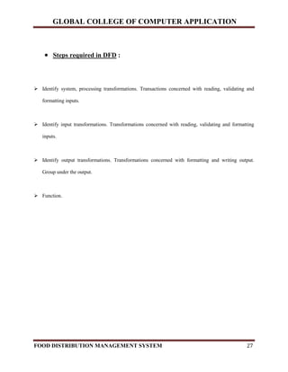 GLOBAL COLLEGE OF COMPUTER APPLICATION
FOOD DISTRIBUTION MANAGEMENT SYSTEM 27
 Steps required in DFD :
 Identify system, processing transformations. Transactions concerned with reading, validating and
formatting inputs.
 Identify input transformations. Transformations concerned with reading, validating and formatting
inputs.
 Identify output transformations. Transformations concerned with formatting and writing output.
Group under the output.
 Function.
 