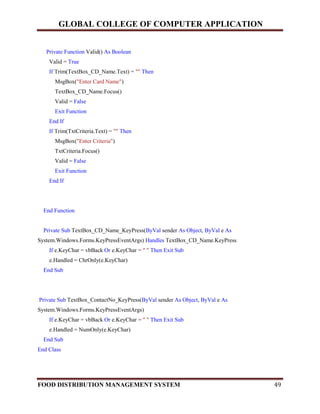GLOBAL COLLEGE OF COMPUTER APPLICATION
FOOD DISTRIBUTION MANAGEMENT SYSTEM 49
Private Function Valid() As Boolean
Valid = True
If Trim(TextBox_CD_Name.Text) = "" Then
MsgBox("Enter Card Name")
TextBox_CD_Name.Focus()
Valid = False
Exit Function
End If
If Trim(TxtCriteria.Text) = "" Then
MsgBox("Enter Criteria")
TxtCriteria.Focus()
Valid = False
Exit Function
End If
End Function
Private Sub TextBox_CD_Name_KeyPress(ByVal sender As Object, ByVal e As
System.Windows.Forms.KeyPressEventArgs) Handles TextBox_CD_Name.KeyPress
If e.KeyChar = vbBack Or e.KeyChar = " " Then Exit Sub
e.Handled = ChrOnly(e.KeyChar)
End Sub
Private Sub TextBox_ContactNo_KeyPress(ByVal sender As Object, ByVal e As
System.Windows.Forms.KeyPressEventArgs)
If e.KeyChar = vbBack Or e.KeyChar = " " Then Exit Sub
e.Handled = NumOnly(e.KeyChar)
End Sub
End Class
 