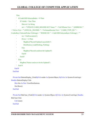 GLOBAL COLLEGE OF COMPUTER APPLICATION
FOOD DISTRIBUTION MANAGEMENT SYSTEM 59
'Else
' If CmbCHID.SelectedIndex > 0 Then
' If Valid() = True Then
' Dim str1 As String
' str1 = "UPDATE CARD_HOLDER SET Name='" + TxtCHName.Text + "',ADDRESS='"
+ TxtLoc.Text + "',ANNUAL_INCOME=" + TxtAnnualIncome.Text + ",CARD_TYPE_ID=" +
ComboBox1.SelectedValue.ToString() + " WHERE ID=" + CmbCHID.SelectedItem.ToString() + ""
' res = FunExecute(str1)
' If (res = 1) Then
' MsgBox("Record Updated sucessfully")
' Distribution_Load(Nothing, Nothing)
' Else
' MsgBox("Record could not be Updated")
' End If
' End If
' Else
' MsgBox("Select card no to be be Updated")
' End If
End If
End Sub
Private Sub ButtonDisplay_Click(ByVal sender As System.Object, ByVal e As System.EventArgs)
Handles ButtonDisplay.Click
Dim frm As New ViewDistributions
frm.Show()
End Sub
Private Sub BtnClear_Click(ByVal sender As System.Object, ByVal e As System.EventArgs) Handles
BtnClear.Click
Call clear()
End Sub
 