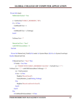 GLOBAL COLLEGE OF COMPUTER APPLICATION
FOOD DISTRIBUTION MANAGEMENT SYSTEM 62
Private Sub clear()
'RdBtnAdd.Checked = True
x = GetNewNo("FAMILY_MEMBERS", "ID")
If x = 0 Then
CmbMemID.Text = 1
Else
CmbMemID.Text = x.ToString()
End If
TxtName.Text = ""
'ButtonCmd.Text = "Save"
'cmbCHID.SelectedIndex = 0
End Sub
Private Sub ButtonCmd_Click(ByVal sender As System.Object, ByVal e As System.EventArgs)
Handles ButtonCmd.Click
If ButtonCmd.Text = "Save" Then
If Valid() = True Then
st = "INSERT INTO FAMILY_MEMBERS VALUES(" + TxtFmID.Text + ",'" +
TxtName.Text + "'," + cmbCHID.SelectedItem.ToString() + ")"
res = FunExecute(st)
If (res = 1) Then
MsgBox("Record Saved")
FamilyMembers_Load(Nothing, Nothing)
Else
MsgBox("Record could not be Saved")
End If
End If
Else
If CmbMemID.SelectedIndex > 0 Then
 