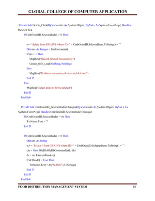 GLOBAL COLLEGE OF COMPUTER APPLICATION
FOOD DISTRIBUTION MANAGEMENT SYSTEM 69
Private Sub Delete_Click(ByVal sender As System.Object, ByVal e As System.EventArgs) Handles
Delete.Click
If CmbGrainID.SelectedIndex > 0 Then
st = "delete from GRAINS where ID=" + CmbGrainID.SelectedItem.ToString() + ""
Dim res As Integer = FunExecute(st)
If res = 1 Then
MsgBox("Record deleted Successfully")
Grains_Info_Load(Nothing, Nothing)
Else
MsgBox("Problems encountered in record deletion")
End If
Else
MsgBox("Select grain to be be deleted")
End If
End Sub
Private Sub CmbGrainID_SelectedIndexChanged(ByVal sender As System.Object, ByVal e As
System.EventArgs) Handles CmbGrainID.SelectedIndexChanged
If (CmbGrainID.SelectedIndex = 0) Then
TxtName.Text = ""
End If
If CmbGrainID.SelectedIndex > 0 Then
Dim st1 As String
st1 = "Select * from GRAINS where ID=" + CmbGrainID.SelectedItem.ToString() + ""
cm = New OleDb.OleDbCommand(st1, db)
dr = cm.ExecuteReader()
If dr.Read() = True Then
TxtName.Text = dr("NAME").ToString()
End If
End If
End Sub
 