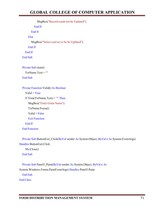 GLOBAL COLLEGE OF COMPUTER APPLICATION
FOOD DISTRIBUTION MANAGEMENT SYSTEM 71
MsgBox("Record could not be Updated")
End If
End If
Else
MsgBox("Select card no to be be Updated")
End If
End If
End Sub
Private Sub clear()
TxtName.Text = ""
End Sub
Private Function Valid() As Boolean
Valid = True
If Trim(TxtName.Text) = "" Then
MsgBox("Enter Grain Name")
TxtName.Focus()
Valid = False
Exit Function
End If
End Function
Private Sub ButtonExit_Click(ByVal sender As System.Object, ByVal e As System.EventArgs)
Handles ButtonExit.Click
Me.Close()
End Sub
Private Sub Panel3_Paint(ByVal sender As System.Object, ByVal e As
System.Windows.Forms.PaintEventArgs) Handles Panel3.Paint
End Sub
End Class
 