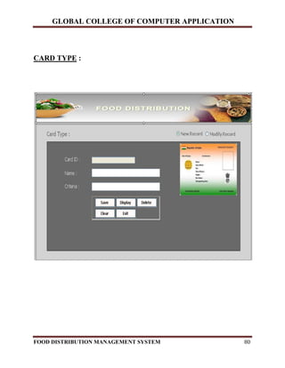 GLOBAL COLLEGE OF COMPUTER APPLICATION
FOOD DISTRIBUTION MANAGEMENT SYSTEM 80
CARD TYPE :
 