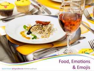 Karen	
  Fewell	
  @DigitalBlonde	
  Karen	
  Fewell	
  @DigitalBlonde	
  #SMWFoodPsych	
  
Food,	
  Emo>ons	
  
&	
  Emojis	
  
 