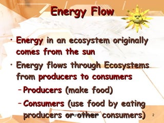 Energy Flow Energy  in an ecosystem originally  comes from the sun Energy flows through Ecosystems from  producers to consumers Producers  (make food) Consumers  (use food by eating producers or other consumers) copyright cmassengale 