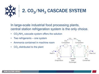 2. CO2/NH3 CASCADE SYSTEM
In large-scale industrial food processing plants,
central station refrigeration system is the only choice.
• CO2/NH3 cascade system offers the solution
• Two refrigerants – one system
• Ammonia contained in machine room
• CO2 distributed to the plant
 