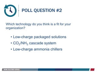 Which technology do you think is a fit for your
organization?
• Low-charge packaged solutions
• CO2/NH3 cascade system
• Low-charge ammonia chillers
POLL QUESTION #2
 