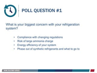 What is your biggest concern with your refrigeration
system?
• Compliance with changing regulations
• Risk of large ammonia charge
• Energy efficiency of your system
• Phase out of synthetic refrigerants and what to go to
POLL QUESTION #1
 