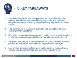 1. Synthetic refrigerants are being phased out. As environmentally
friendly alternatives become commercially viable, the synthetic
refrigerants that are presently being used may be phased out in the
future
2. The government is increasing oversight and regulations for large-
charge ammonia systems
3. Distributed refrigeration with packaged rooftop units is a viable solution
to take advantage of natural refrigerants while minimizing the risk
4. For plants that require a central system, CO2/NH3 cascade systems
provide an alternative that minimizes large ammonia charges
5. Low-charge ammonia chillers are a viable option to replace Freon
chillers, using natural refrigerants while minimizing the risk
5 KEY TAKEAWAYS
 