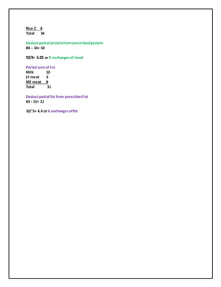 Rice C 8
Total 34
Deduct partial proteinfrom prescribedprotein
84 – 34= 50
50/8= 6.25 or 6 exchangesof meat
Partial sum of Fat
Milk 10
LF meat 3
MF meat 8
Total 31
Deduct partial fat from prescribedfat
63 - 31= 32
32/ 5= 6.4 or 6 exchangesoffat
 