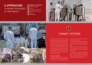 Your product is unique! Palamatic integrates
innovative optimal solutions with custom equipment
defined by our highly skilled experienced engineers.
With attentiveness, reflection, and projection, our
sales engineers provide you, through on-site visits,
personalized studies and recommendations based
on your current and forecast production. The wide
range of feeding, conveying, mixing, lump breaking
and milling equipment mastered by Palamatic and
the possibility of conducting tests in our test plant
guarantees the success of your project and your
production line’s reliability.
Project management
To meet your deadlines, we give importance to the
establishment of a detailed schedule on MS Project
for each project. This planning stage guarantees
a better visibility of project progress to meet the
contractual delivery dates.
Upon receipt of order, PALAMATIC edits a program
and plans for approval. Scheduling is updated on a
regular basis in order to meet contractual delivery
dates.
Validation of equipment, as those of our designs
or integrated equipment, forms the subject of a
special undertaking in order to comply with the
specifications.
Any subcontracting is also subject to qualification
and strict control. All equipment and systems are
subject to provisional acceptance. The technical
folder is elaborated throughout the project to make
it complete and ready for commissioning.
TURNKEY SYSTEMS
1
www.palamaticprocess.com/engineering-design-office/turnkey-systems I 09
Mayonnaise production
Progress of projects
1 design-engineering
2 planning
3 manufacturing-production
4 automation & electricity
5 assembly
6 commissioning
2 APPROACHES
TO ENSURE THE SUCCESS
OF YOUR PROJECT
08 I
Mixer feeding
Spices factory
 