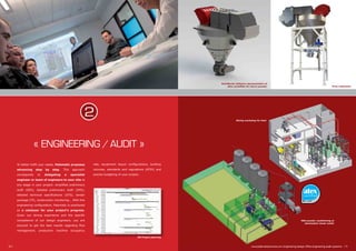 SolidWorks software representation of
Atex cyclofilter for starch powder Final realisation
Mixing workshop for food
Milk powder conditioning at
atomisation tower outlet
www.palamaticprocess.com/engineering-design-office/engineering-audit-systems I 11
anning
« ENGINEERING / AUDIT »
To better fulfill your needs, Palamatic proposes
advancing step by step. This approach
corresponds to delegating a specialist
engineer or team of engineers to your site at
any stage in your project: simplified preliminary
draft (SPD), detailed preliminary draft (DPD),
detailed technical specifications (DTS), tender
package (TP), construction monitoring... With this
engineering configuration, Palamatic is positioned
as a catalyser for your project’s progress.
Given our strong experience and the specific
competence of our design engineers, you are
ensured to get the best results regarding flow
management, production machine occupancy
rate, equipment layout configurations, building
volumes, standards and regulations (ATEX) and
precise budgeting of your project.
MS Project planning
10 I
2
 