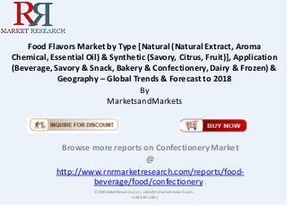 Food Flavors Market by Type [Natural (Natural Extract, Aroma
Chemical, Essential Oil) & Synthetic (Savory, Citrus, Fruit)], Application
(Beverage, Savory & Snack, Bakery & Confectionery, Dairy & Frozen) &
Geography – Global Trends & Forecast to 2018
By
MarketsandMarkets
Browse more reports on Confectionery Market
@
http://www.rnrmarketresearch.com/reports/food-
beverage/food/confectionery .
© RnRMarketResearch.com ; sales@rnrmarketresearch.com;
+1 888 391 5441
 