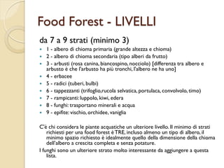 Food Forest - LIVELLI
da 7 a 9 strati (minimo 3)
 1 - albero di chioma primaria (grande altezza e chioma)
 2 - albero di...