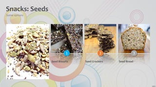 1
Seed Biscuits
Snacks: Seeds
Some options
2
Seed Crackers
3
Seed Bread
 