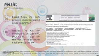 Results: The OR for
melancholic DS was 0.55
(95% CI: 0.34 - 0.90) for
the high tertile of folate
intake versus the low
02
Folate helps the body
produce mood-regulating
neurotransmitters
01
Meals:
Leafy Green Vegetables
1. Wiseman M. The second World Cancer Research Fund/American Institute for Cancer Research expert report. Food, nutrition, physical activity, and the prevention of cancer: a global perspective. Proceedings of the Nutrition
Society. 2008;67(03):253-6
2. Seppälä J, Koponen H, Kautiainen H, Eriksson JG, Kampman O, Männistö S, et al. Association between folate intake and melancholic depressive symptoms. A Finnish population-based study. Journal of Affective
Disorders.138(3):473-8.
 