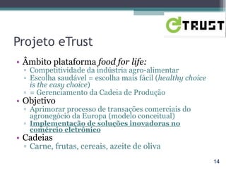 Âmbito plataforma  food for life: Competitividade da indústria agro-alimentar Escolha saudável = escolha mais fácil ( healthy choice is the easy choice )  = Gerenciamento da Cadeia de Produção Objetivo Aprimorar processo de transações comerciais do agronegócio da Europa (modelo conceitual) Implementação de soluções inovadoras no comércio eletrônico Cadeias Carne, frutas, cereais, azeite de oliva Projeto eTrust 