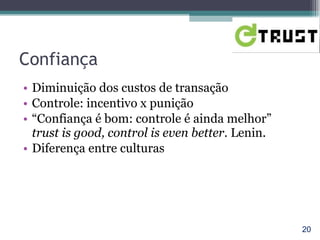 Confiança Diminuição dos custos de transação Controle: incentivo x punição “ Confiança é bom: controle é ainda melhor”  trust is good, control is even better.  Lenin. Diferença entre culturas 