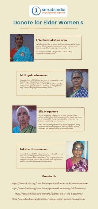 E Venkatalakshmamma
my husband died due to serious health complications. After that I
was not able to repay the loan amount which I had borrowed
from others and there was no one to look after me.
So I joined the SERUDS old age home. I help in cutting
vegetables and other chores.
https://serudsindia.org/donations/sponsor-elder-e-venkatalakshmamma/
M Nagalakshmamma
I was admitted in SERUDS old age home by my daughter. I have
been living in old age home since four years.
I have severe knee pain due to arthritis. My daughter, grand son
and granddaughter come to see me rarely. In old age home, I
help out by cutting vegetables and help others.
Ella Nagamma
My two sons do not take care of us, in our old age . I have
asthma problem. So in 2018 I was admitted in this old age home
by my husband. My youngest son, daughter-in-law, and my
husband occasionally come to see me.
In this SERUDS old age home I keep myself engaged in telling
spiritual stories and singing songs. SERUDS gives me monthly
treatment and medications for my asthma problem.
Donate for Elder Women's
Lakshmi Narasamma
I was admitted in SERUDS old age home by my daughter. I have
been living in old age home since four years.
I have severe knee pain due to arthritis. My daughter, grand son
and granddaughter come to see me rarely. In old age home, I
help out by cutting vegetables and help others.
Donate Us
https://serudsindia.org/donations/sponsor-elder-m-nagalakshmamma/
https://serudsindia.org/donations/sponsor-elder-ella-nagamma/
https://serudsindia.org/donations/sponsor-elder-lakshmi-narasamma/
 