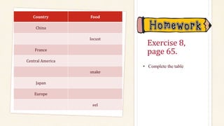 Exercise 8,
page 65.
Country Food
China
locust
France
Central America
snake
Japan
Europe
eel
• Complete the table
 