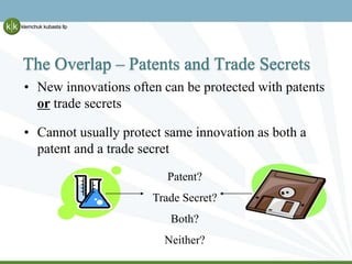 The Overlap – Patents and Trade Secrets
• New innovations often can be protected with patents
or trade secrets
• Cannot us...