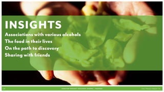 INSIGHTS
   Associations with various alcohols
   The food in their lives
   On the path to discovery
   Sharing with friends




p.18                        FOOD FOR THOUGHT: Discovery, SHARING, + Passions   Cook // Peterson // Radecki // Yin
 