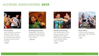 Alcohol Associations: Beer




       The Frat Boy                 Drinking excessively                         Friends Connecting           Food + Place
       Loud, obnoxious, drunken     Wrigleyville. That whole                     The outside patio of The     I think of sushi, because
       behavior. There are lots     neighborhood smells like                     Esquire Lounge, a local      I generally only drink beer
       of classy beers out there,   beer all the time. I’m not                   establishment where I        with sushi!
       but my knee-jerk reaction    a fan of beer.                               gather with my girlfriends   – Kim
       is negative and involves     – Sruthi                                     on occasional Friday
       frat boys.                                                                nights. Laughter.
       – Evan                                                                    – Lori




p.19                                             FOOD FOR THOUGHT: Discovery, SHARING, + Passions                        Cook // Peterson // Radecki // Yin
 